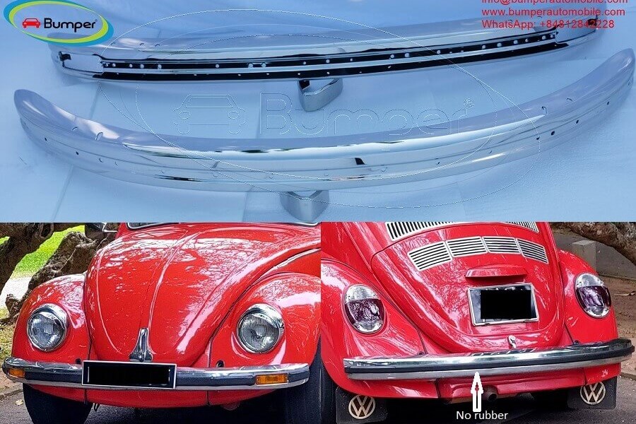 1967 - Volkswagen Beetle bumpers 1975 and onwards by stainless steel  (VW Käfer Stoßfänger satz ab 1975)  One set includes: 1 front bumper, 1 rear bumper and mounting kit (bolts and nuts). Bumper is copied f